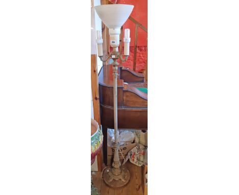 A modern brass and metal standard lamp with three candle style sconces under main light - corrosion to base