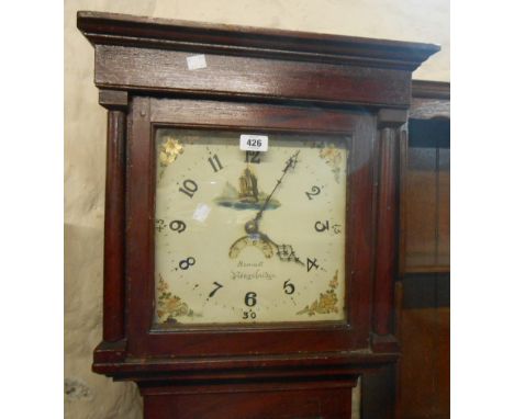 A 19th Century wood grained longcase clock, the 11" repainted square dial marked for Bennett of Kingsbridge, with thirty hour