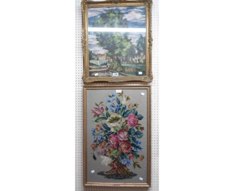 Two gilt framed woolwork tapestry pictures, one depicting buildings and trees, the other bouquet of flowers 