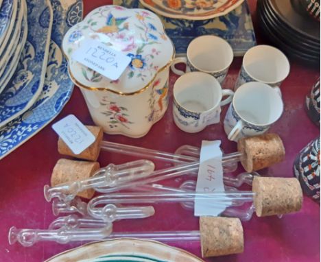 A Hammersley bone china lidded jar - sold with four Royal Worcester coffee cans and five vintage blown glass wine-making airl