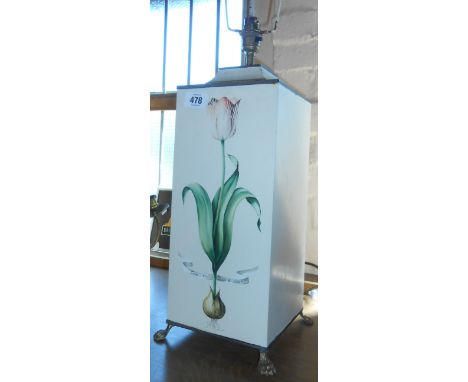 A modern toleware square lamp with painted tulip design