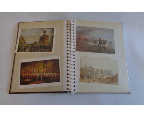 A brown postcard album containing a collection of National Army Museum reprint military postcards