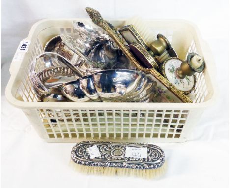 A quantity of silver plated items, vintage gilt metal hand mirror, brush and candlestick dressing table set - also a late Vic