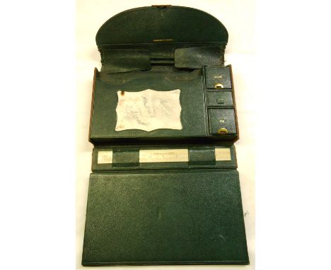 A Victorian leather writing case by Toulmin &amp; Gale with fitted interior and contents including inkwell, matchstrike, cera