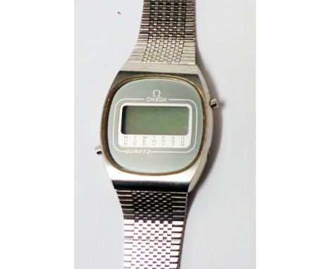 A vintage Omega steel cased digital wristwatch with quartz movement, on original mesh-link bracelet
