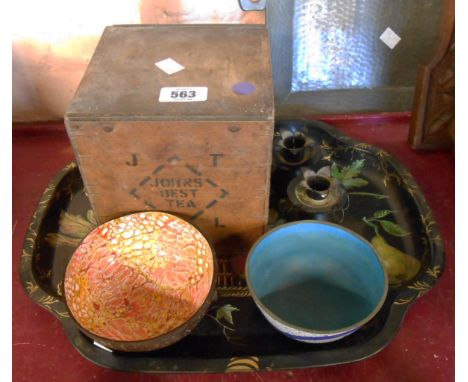 A vintage Johns Best Tea tea box, a Chinese cloisonne bowl, etc.