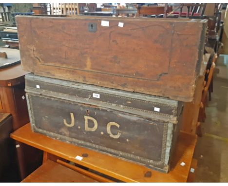 A 91cm 19th Century studded leather and tin bound hardwood linen trunk with painted initials to top and front - sold with ano