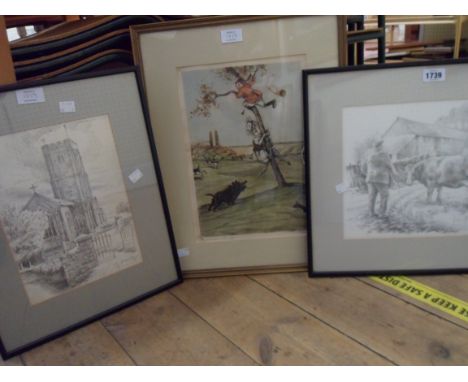 Andrew Miller: two framed pencil drawings, one depicting a farmer in a yard with a cow, the other entitled Littlehempston Chu