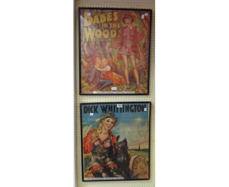 Two vintage pantomime posters, comprising Dick Whittington and Babes in the Wood - both clipped and framed