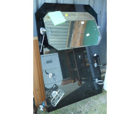A vintage Art Deco style toughened black glass splash back with chromed fittings and bevelled mirror - sold with a white exam