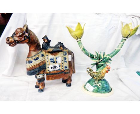 A studio pottery stoneware figure of a horse in the Tang style - sold with a hand built studio pottery flower form candlestic