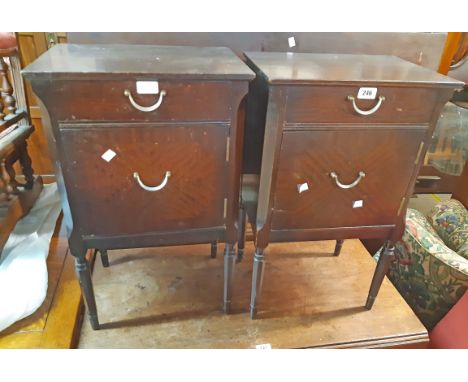 A pair of vintage reproduction mahogany bedside cabinets by Strongbow Furniture each with drawer and cupboard door