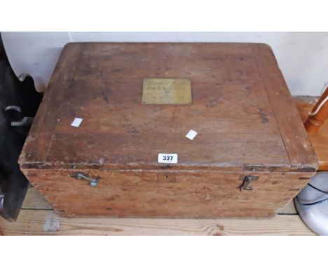 A 60cm late Georgian oak lift-top box previously containing a full set of warranted weights, bearing engraved brass plaque to