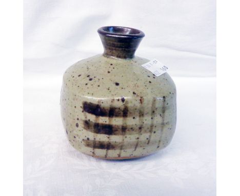 A small Janet Leach pottery vase of square form with brush work decoration on oatmeal glaze