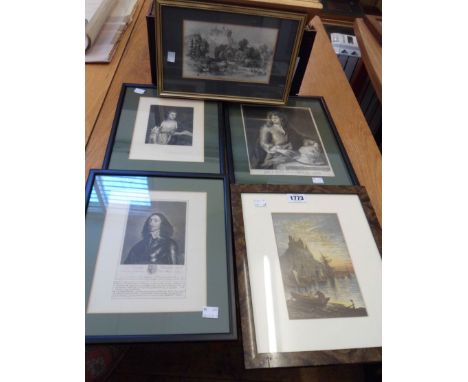 Three framed reproduction portrait prints - sold with a coloured print of Holy Island and a monochrome view of Belvoir Castle