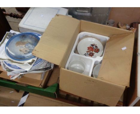 A box containing assorted Royal Doulton and other collectors' plates - sold with a vintage part coffee set