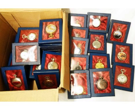 A collection of display cased reproduction pocket watches all with quartz movements