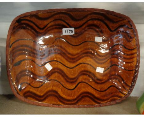 A large oblong David Leach slipware dish with piecrust edge