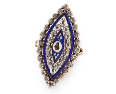 AN ANTIQUE ENAMEL AND DIAMOND BAGUE DE FIRMAMENT RING, 19TH CENTURY in yellow gold and silver, the marquise face set with blu