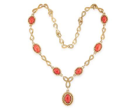 A VINTAGE CORAL NECKLACE in 18ct yellow gold, formed of Celtic knot style links punctuated by oval coral cabochons within twi