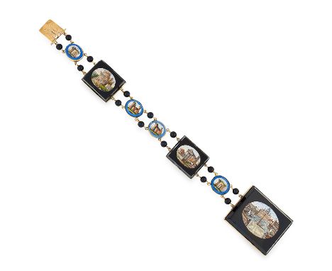 AN ANTIQUE MICROMOSAIC BRACELET, 19TH CENTURY in yellow gold, comprising three graduated rectangular panels with oval apertur