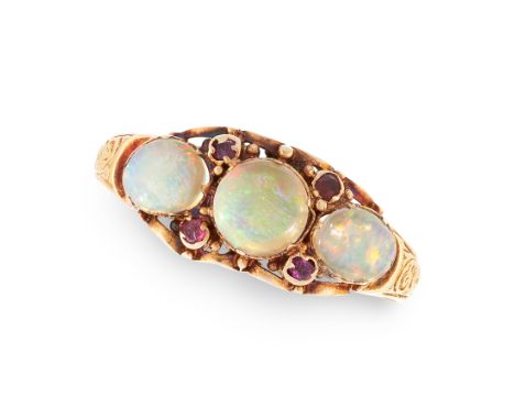 AN ANTIQUE OPAL AND RUBY DRESS RING in 18ct yellow gold, set with three cabochon opals and round cut rubies, British hallmark