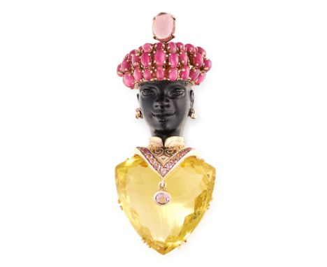 A VINTAGE GEMSET BLACKAMOOR BROOCH comprising a carved hardstone face, the body formed of a faceted citrine, the turban jewel