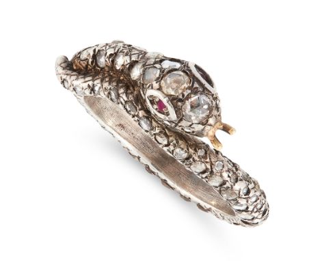 AN ANTIQUE DIAMOND AND RUBY SNAKE RING designed as a coiling snake, set all over with rose cut diamonds and round cut ruby ey