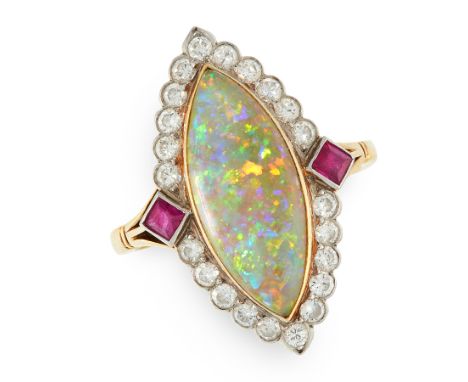 AN OPAL, RUBY AND DIAMOND RING in 18ct yellow gold, set with marquise shaped cabochon opal within a border of round cut diamo