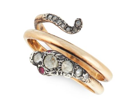 AN ANTIQUE DIAMOND AND RUBY SNAKE RING, 19TH CENTURY in yellow gold and silver, designed as a coiling snake, the head and tai