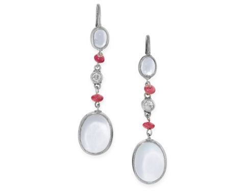 A PAIR OF MOONSTONE, RUBY AND DIAMOND EARRINGS each set with an oval cabochon moonstone suspended from a smaller moonstone by