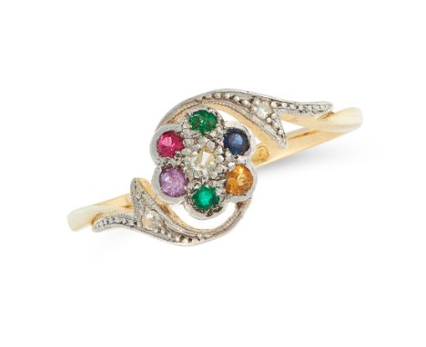 A GEMSET DEAREST RING, EARLY 20TH CENTURY in 18ct yellow gold and platinum, set with a round cut diamond, emerald, amethyst, 