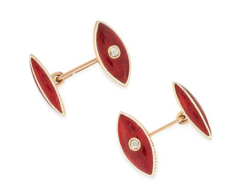 A PAIR OF ANTIQUE DIAMOND AND ENAMEL CUFFLINKS in 15ct yellow gold, each formed of two navette shaped faces set with old cut 