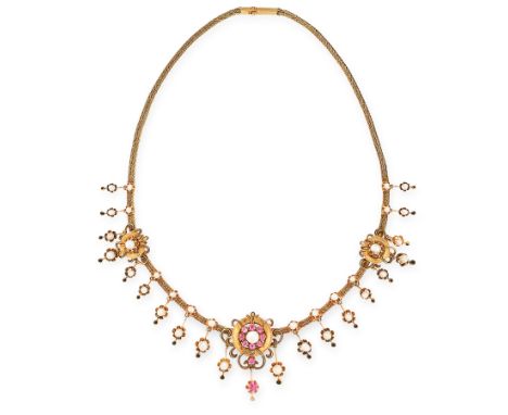 AN ANTIQUE PEARL, RUBY AND ENAMEL NECKLACE in 18ct yellow gold, formed of a woven fancy link chain set with pearls, suspendin