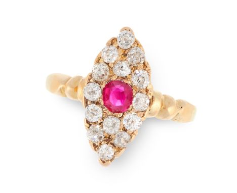 AN ANTIQUE RUBY AND DIAMOND RING in high carat yellow gold, the marquise face set with a cushion cut ruby and old cut diamond