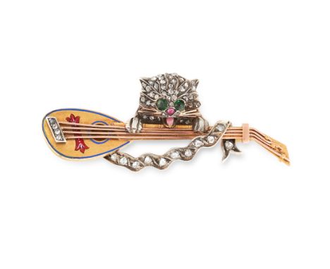 A VINTAGE DIAMOND, EMERALD AND ENAMEL BROOCH in yellow gold and silver, in the form of a cat holding a lute, set with rose cu