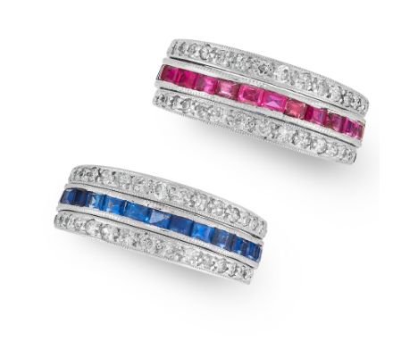 A SAPPHIRE, RUBY AND DIAMOND REVERSIBLE RING the central band half set each with rubies and sapphires, flanked by reversible 