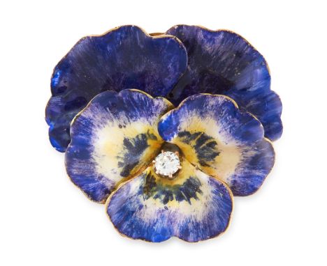 AN ANTIQUE ENAMEL AND DIAMOND PANSY BROOCH designed as a pansy, decorated with shaded purple and yellow ename to the leavesl,