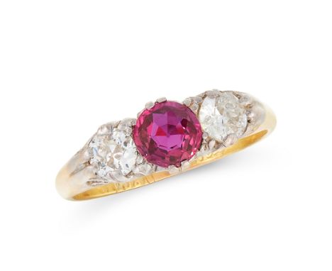 A BURMA NO HEAT RUBY AND DIAMOND RING in 18ct yellow gold, set with a cushion cut ruby of 1.13 carats between two round cut d