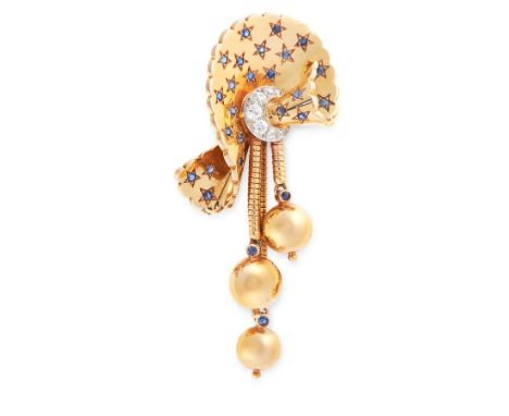 A VINTAGE DIAMOND AND SAPPHIRE BROOCH in yellow gold, in abstract fan design, with a scalloped border, the body jewelled with