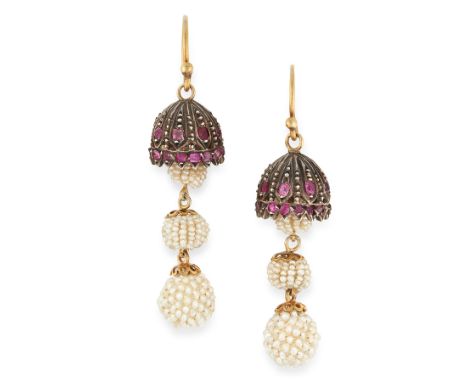 A PAIR OF RUBY AND SEED PEARL EARRINGS in yellow gold and silver, the lamp shade design set with round cut rubies, suspending