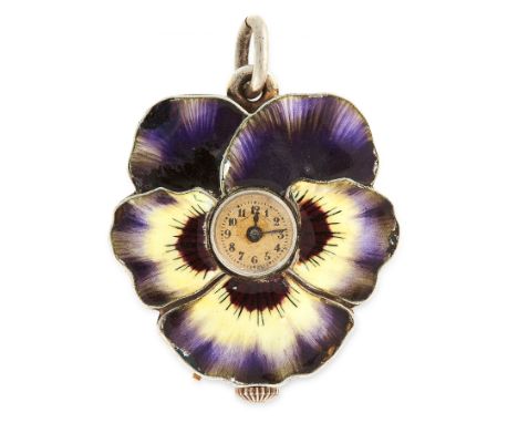 AN ANTIQUE ENAMELLED PANSY WATCH PENDANT in silver, designed as a pansy flower, with a central watch compartment, the leaves 