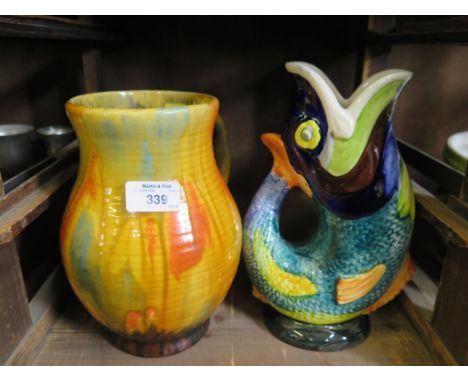 Vintage Crown Ducal dripware multicolour jug vase together with a large Dartmouth Devon pottery purple jug coloured version, 