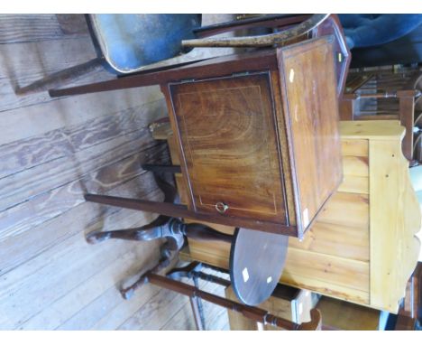 A mahogany bedside cupboard, the boxwood lined door on sqaure tapering legs, 40cm wide and a tripod table (2)