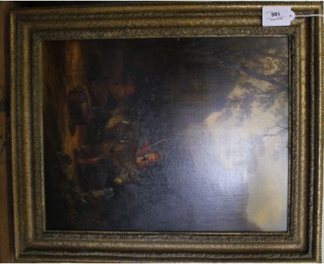 19th century English School A travelling girl and boy with a pony and dog Oil on panel 43cm x 34cm