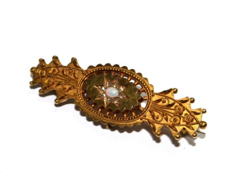 A 15 carat gold Victorian bar brooch set with small opal to centre and rose diamonds