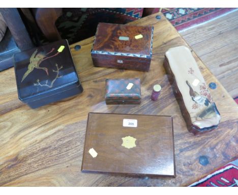 Two Japanese lacquer boxes, a boxed set of mother of pearl fruit knives and three other boxes