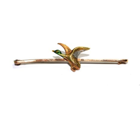 A 15 carat gold bar brooch set with enamel bird