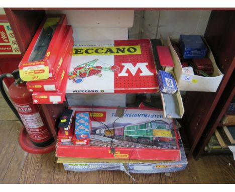 Triang: Freightmaster set, crossing signal box in boxes, Triang Hornby R.356S Winston Churchill, three coaches in original bo