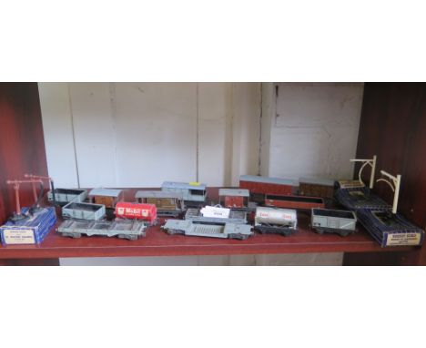 Hornby-Dublo: fifteen wagons including ESSO and Mobil tankers; two Water Cranes and two Loading Gauges in boxes